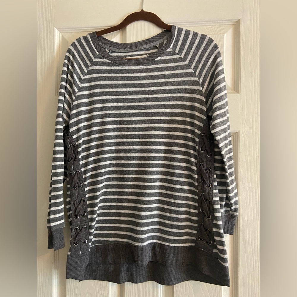 Grey & white striped long sleeved shirt